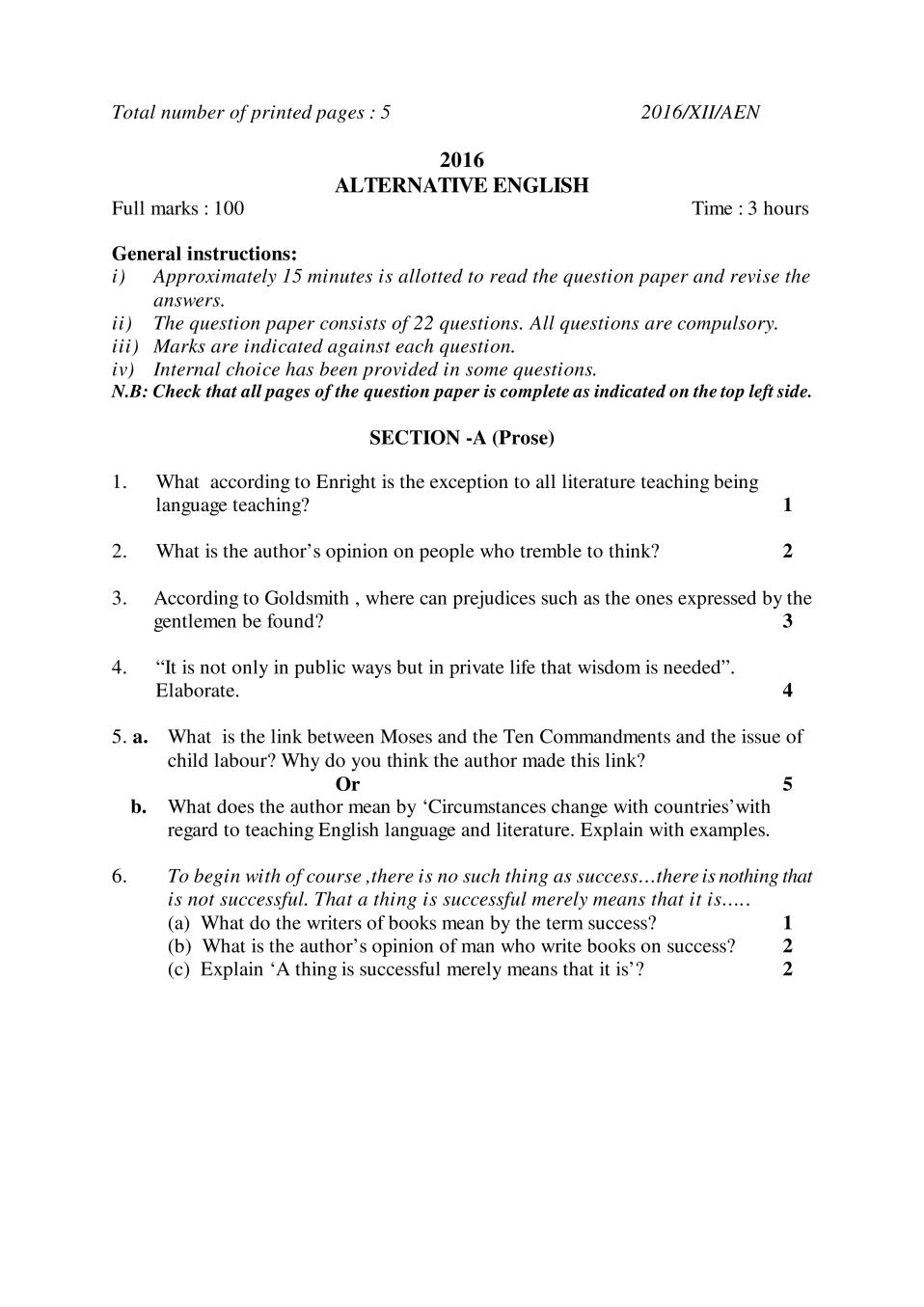 NBSE Class 12 Question Paper 2016 for Alternative English - Page 1