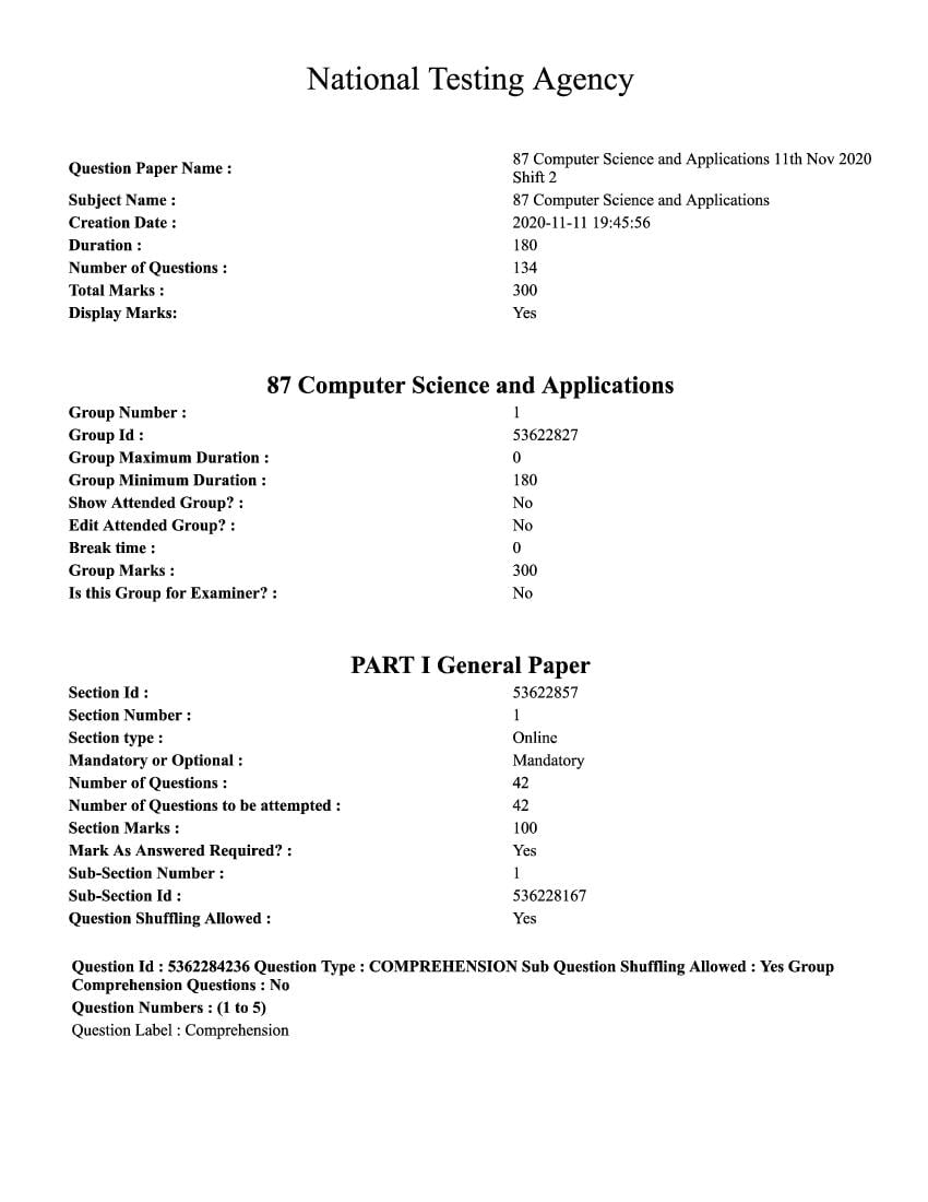 UGC NET 2020 Question Paper for 87 Computer Science And Application - Page 1