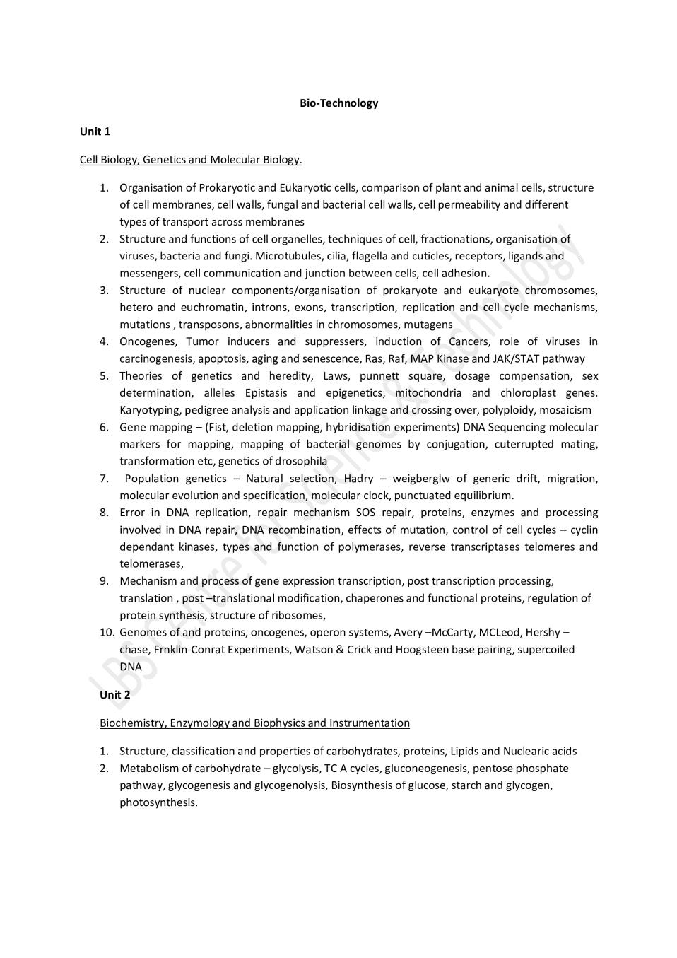 LBS Kerala SET Biotechnology Syllabus for 2020 - Page 1