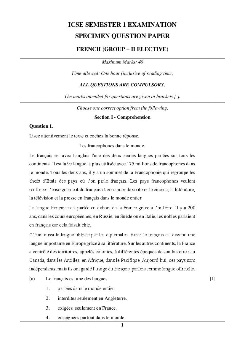 ICSE Class 10 Specimen Paper 2022  Frehch Group 2 Semester 1 - Page 1 of 10