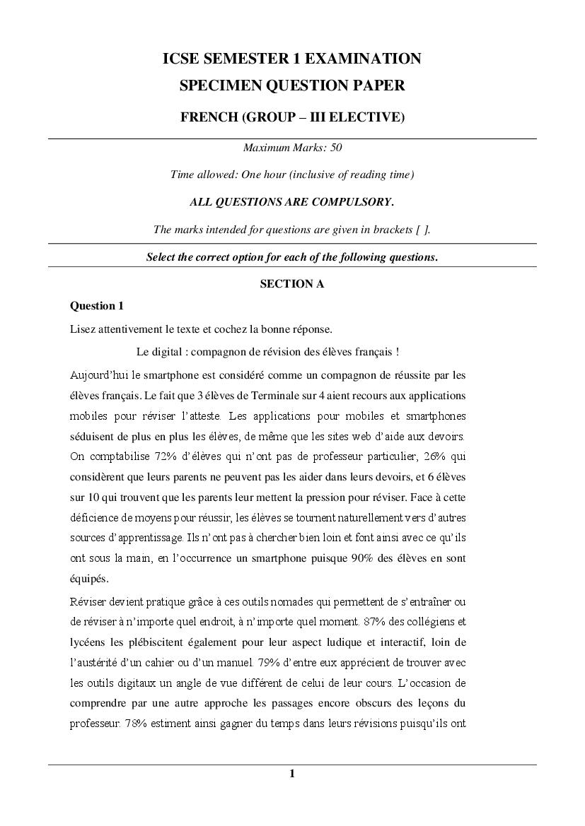 ICSE Class 10 Specimen Paper 2022  Frehch Group 3 Semester 1 - Page 1 of 12