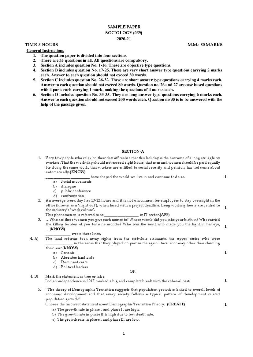 CBSE Class 12 Sample Paper 2021 for Sociology - Page 1