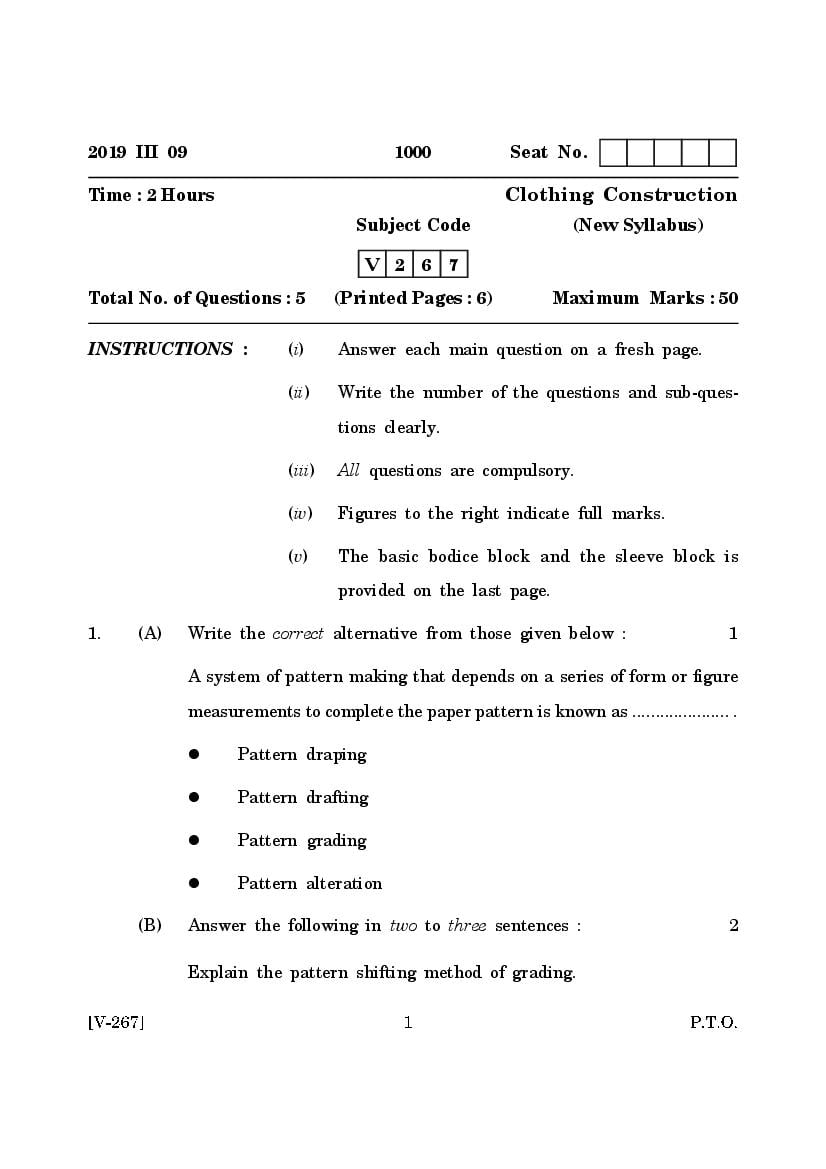Goa Board Class 12 Question Paper Mar 2019 Clothing Construction _New Syllabus_ - Page 1