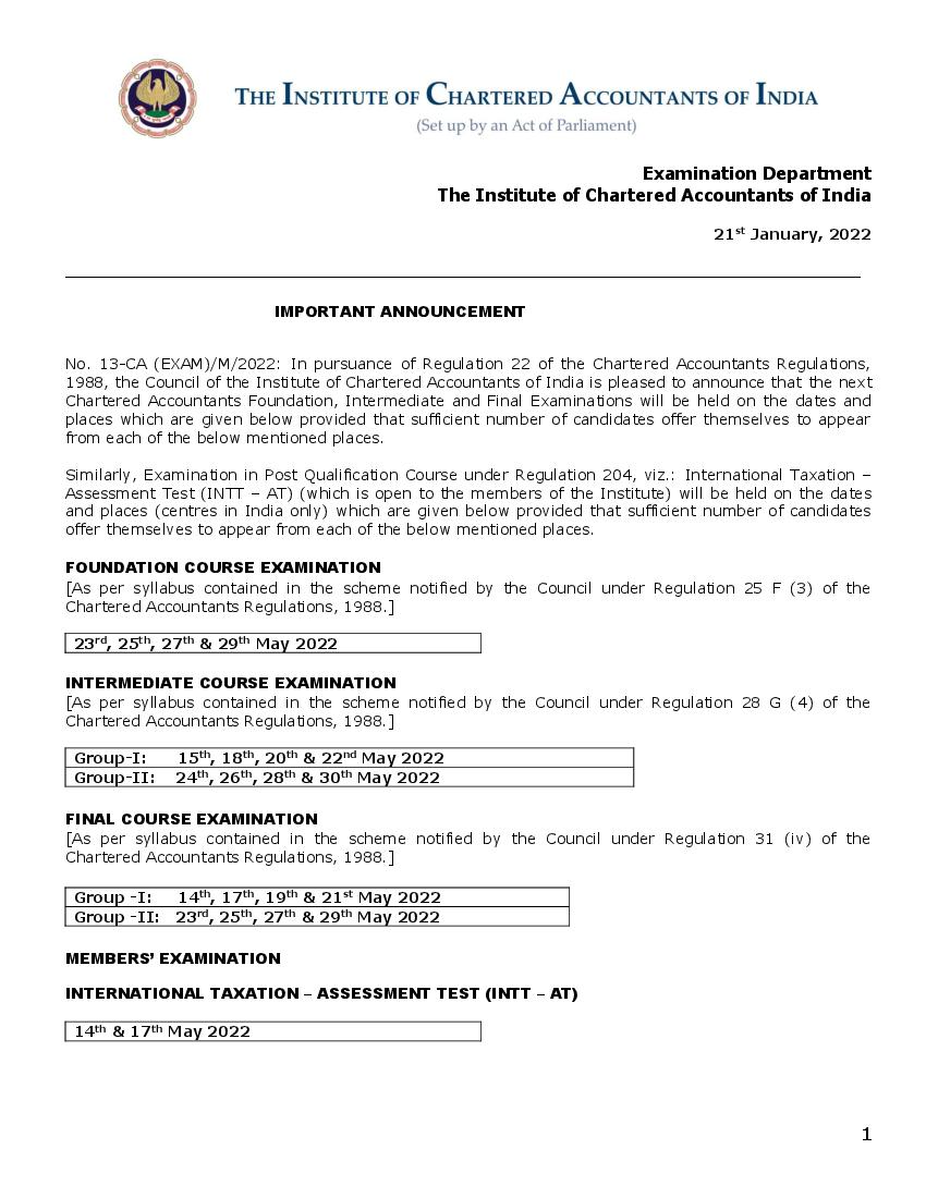 ICAI CA Foundation, Intermediate, Final and PQC  Examinations May 2022 Notification - Page 1