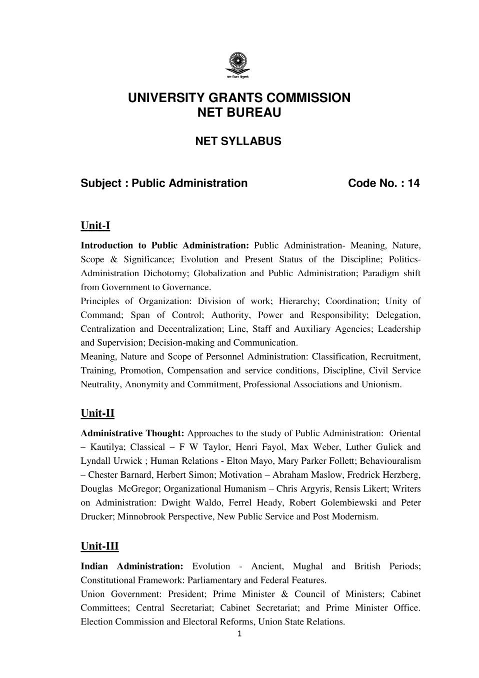 UGC NET Syllabus for Public Administration 2020 - Page 1