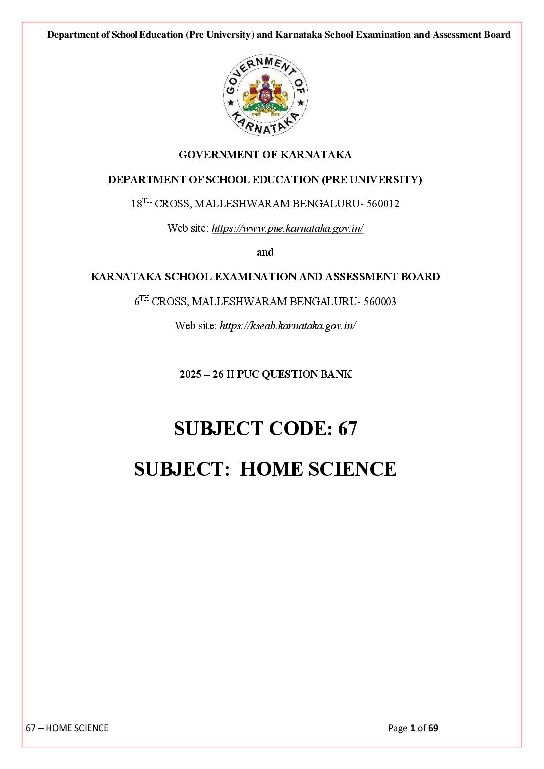 Karnataka 2nd PUC Question Bank 2026 Home Science - Page 1 of 69