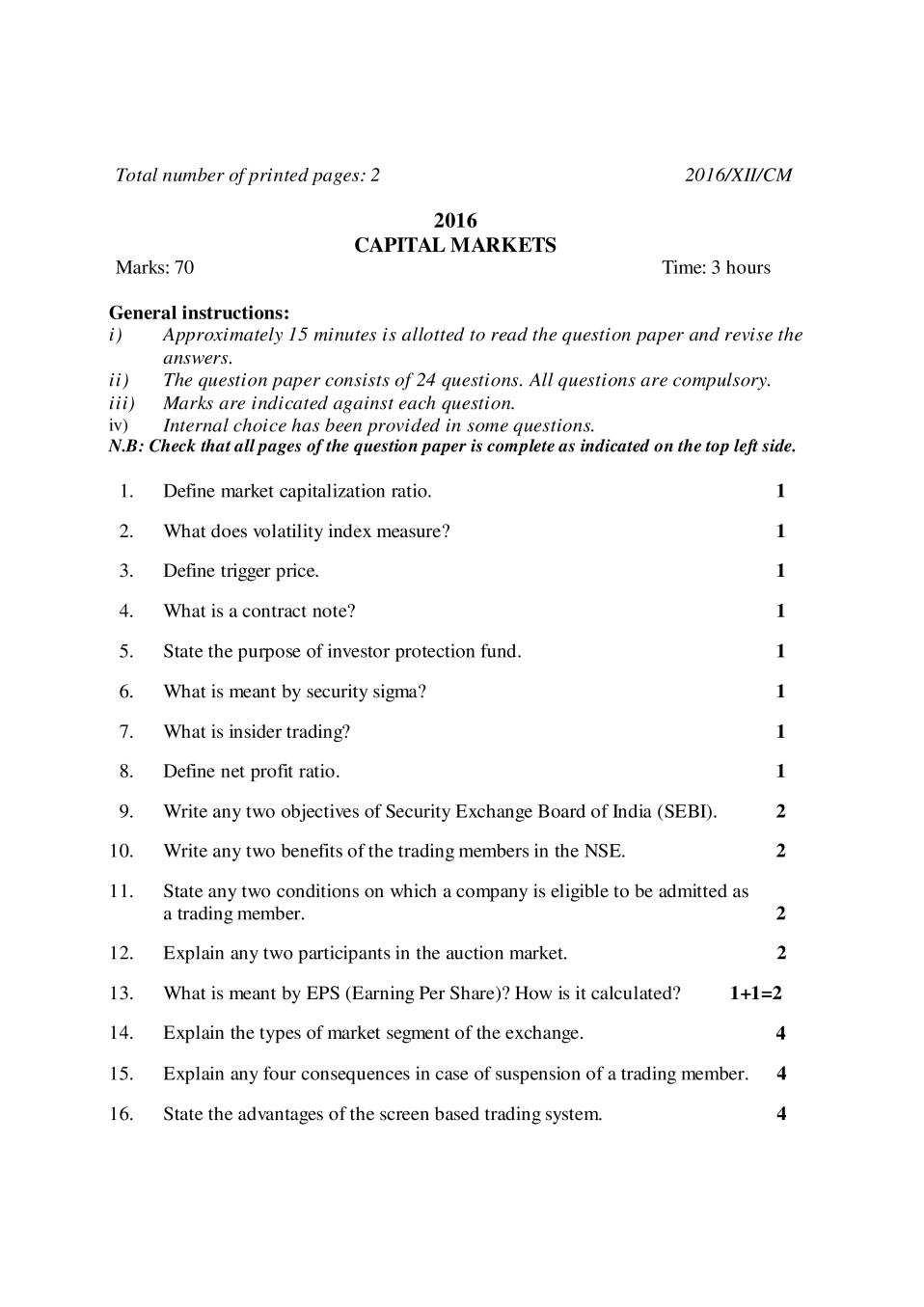 NBSE Class 12 Question Paper 2016 for Capital Markets - Page 1