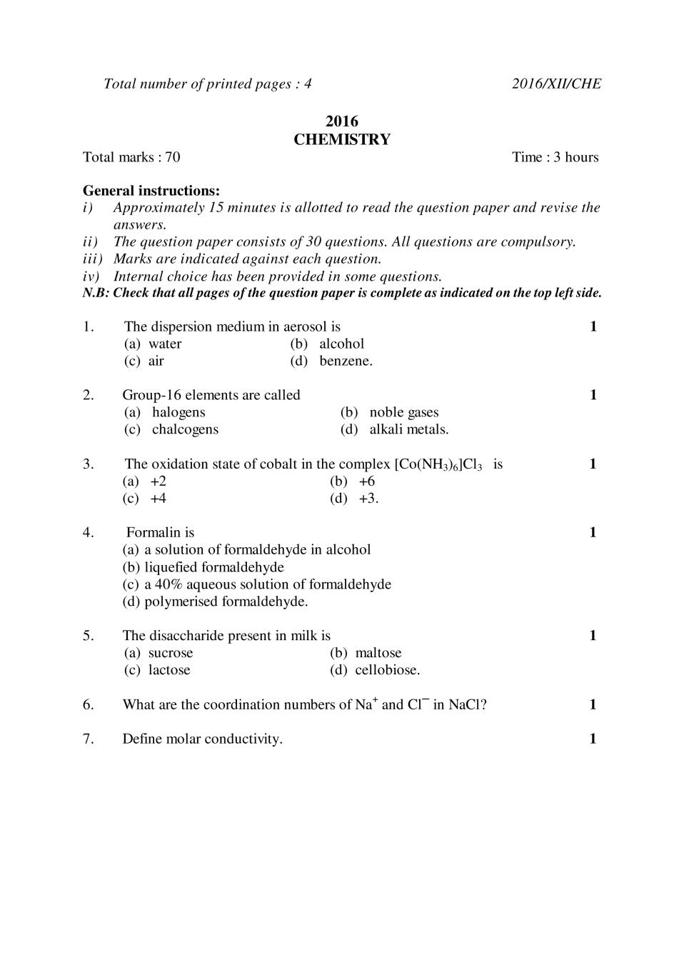 NBSE Class 12 Question Paper 2016 for Chemistry - Page 1