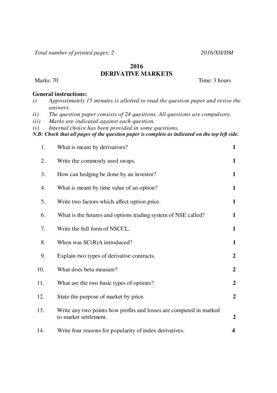 NBSE Class 12 Question Paper 2016 for Derivative Markets - Page 1