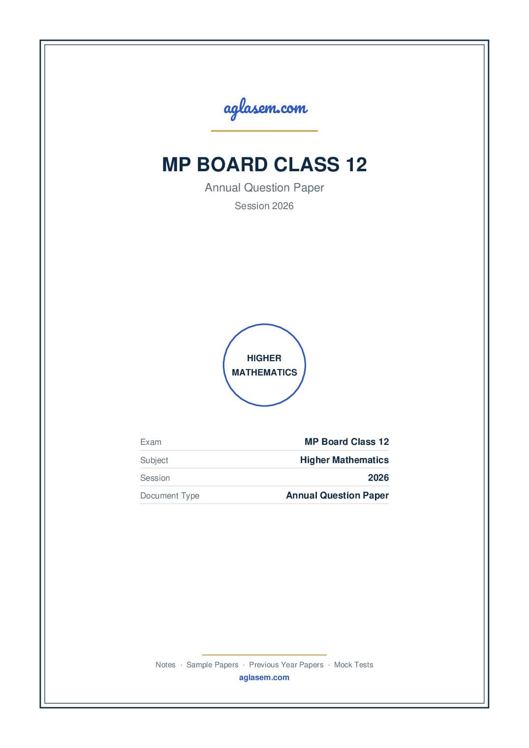 MP Board Class 12 Annual Question Paper 2026 Higher Mathematics - Page 1 of 16