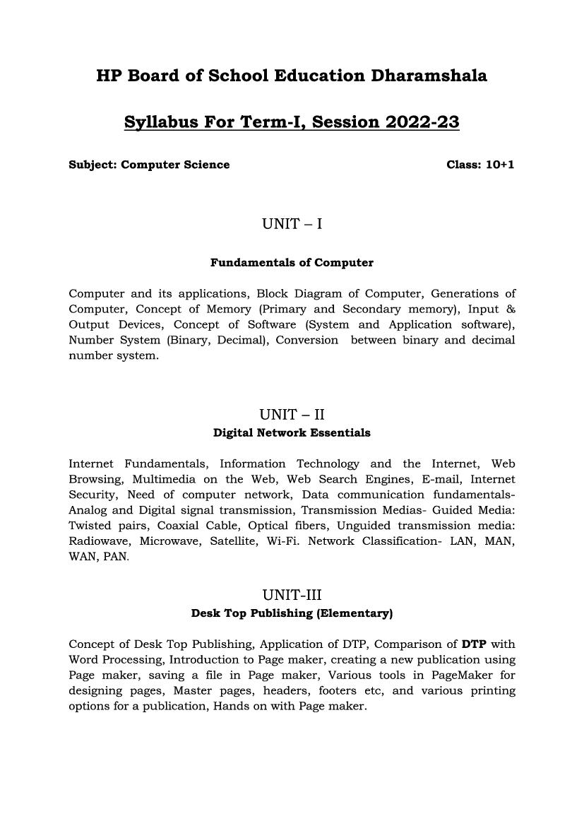 HP Board Class 11 Syllabus 2023 Computer Science - Page 1