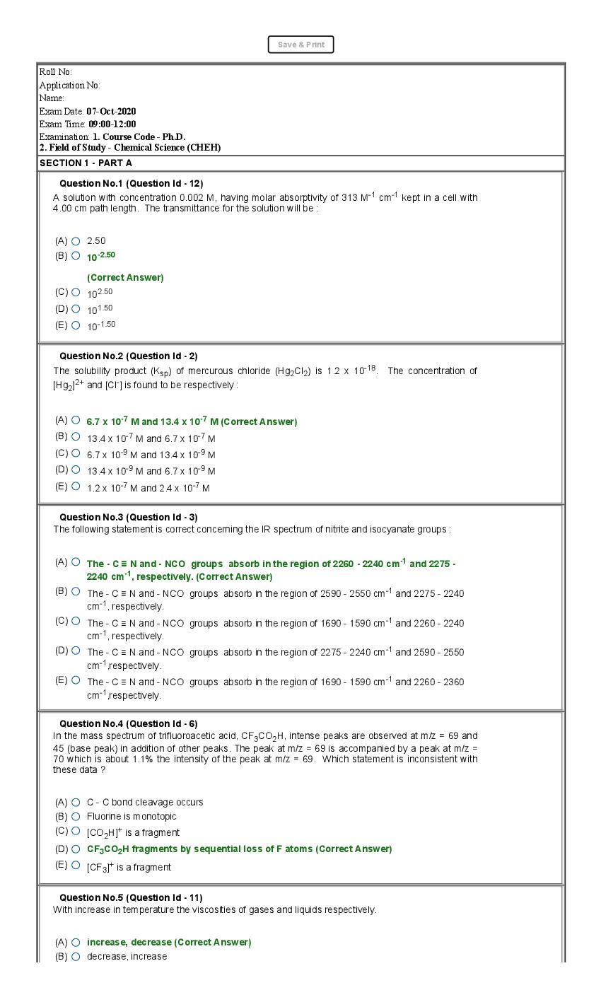 JNUEE 2020 Question Paper Ph.D Chemical Science - Page 1