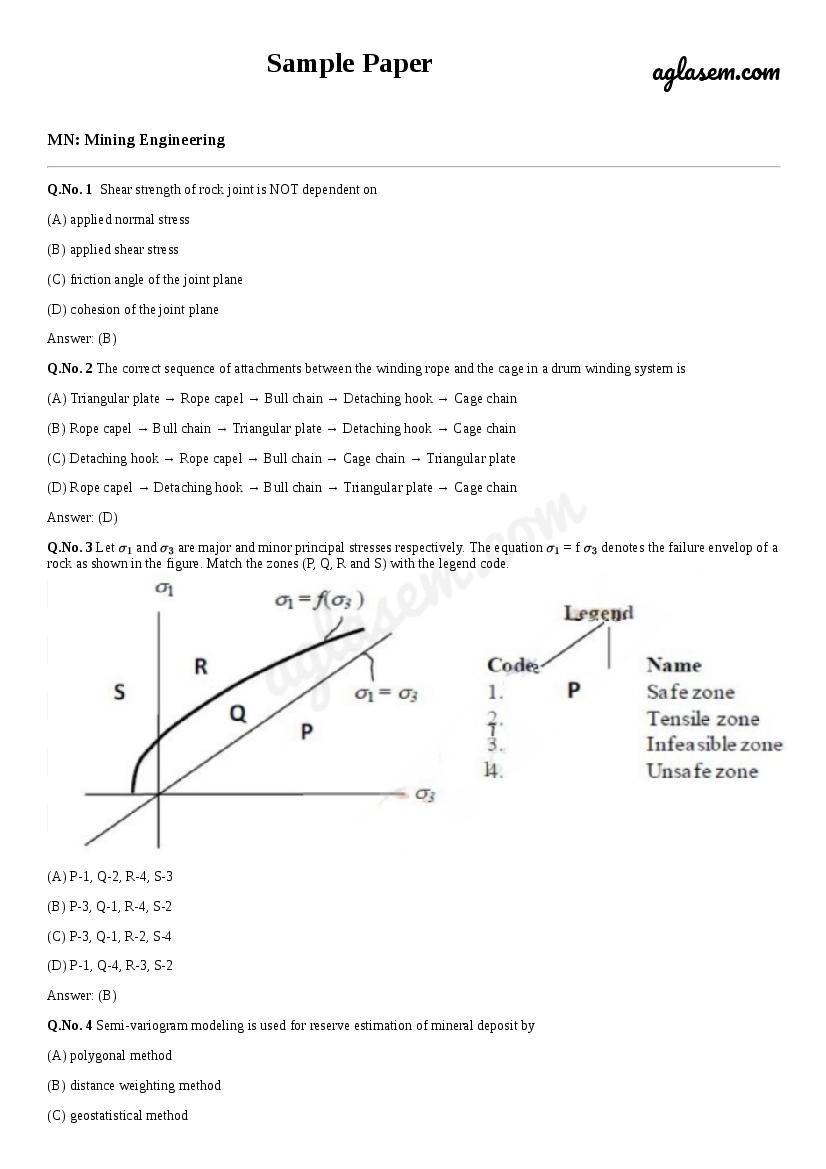 GATE Sample Paper for Mining Engineering - Page 1
