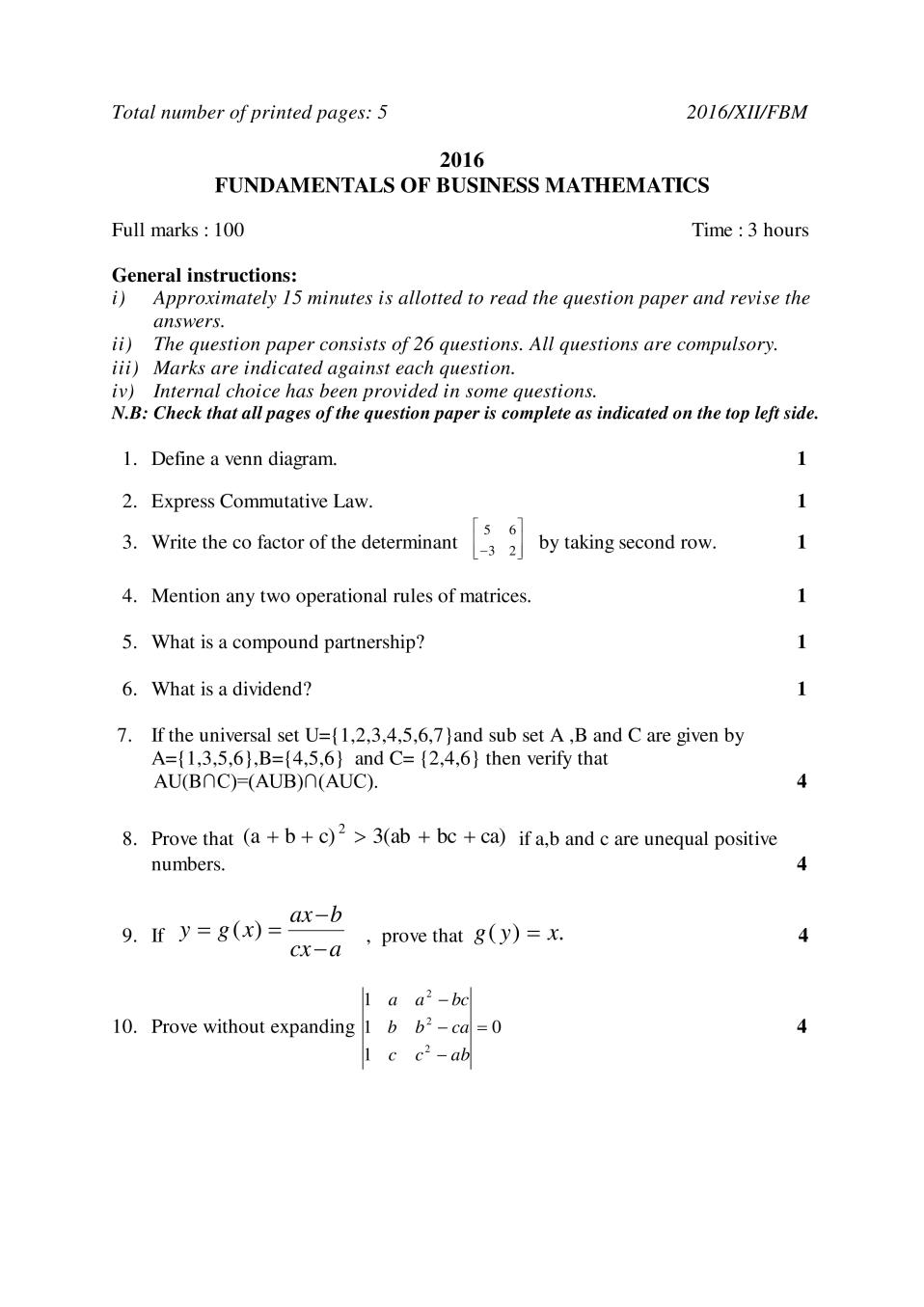 NBSE Class 12 Question Paper 2016 for Fundamentals of Business Maths - Page 1