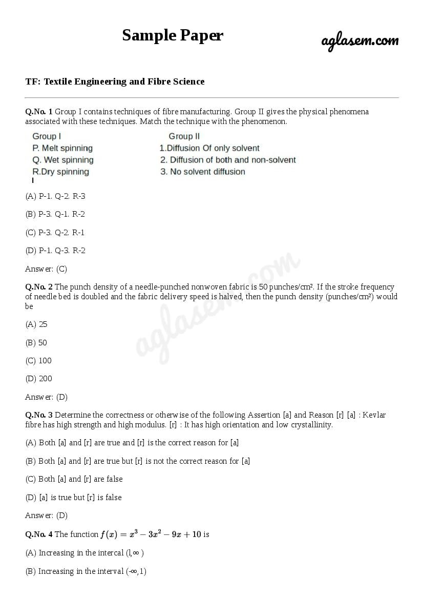GATE Sample Paper for Textile Engineering and Fibre Science - Page 1
