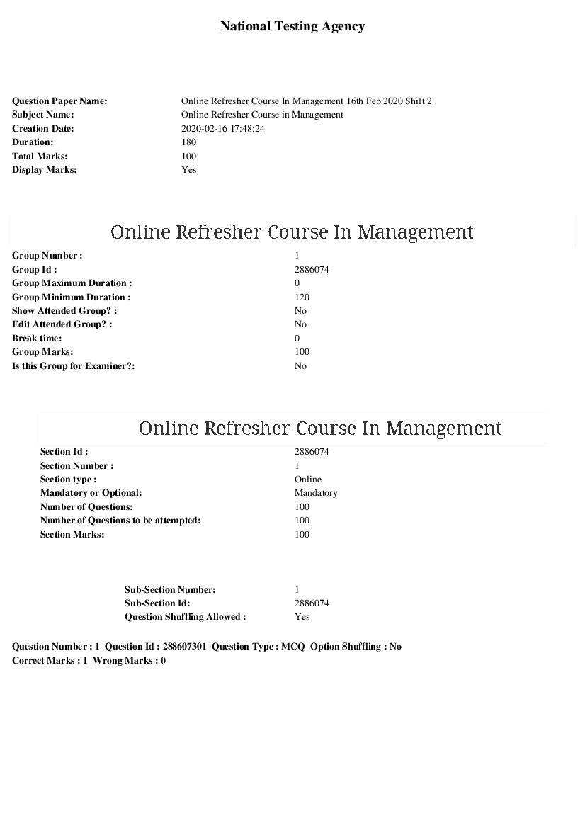 ARPIT 2020 Question Paper for Online Refresher Course in Management Shift 2 - Page 1 of 47