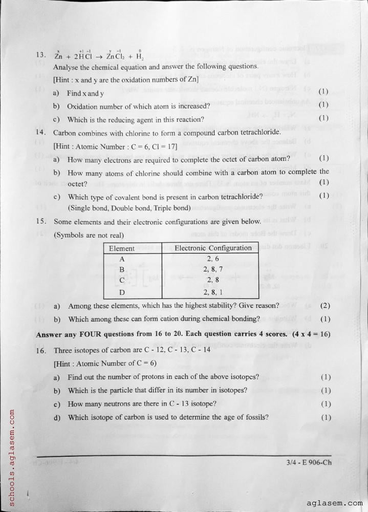 Class 9 Chemistry Onam Exam Question Paper 2024 Pdf Kerala Std 9 First Term Chemistry 0230