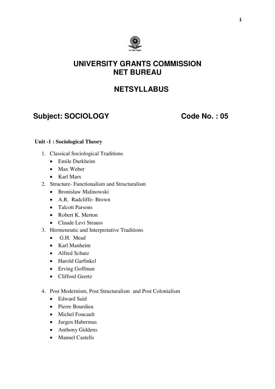 UGC NET Syllabus for Sociology 2020 - Page 1