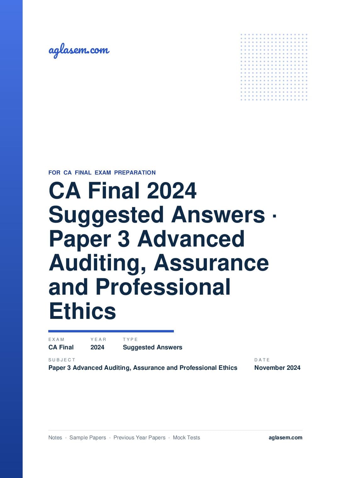 CA Final November 2024 Suggested Answers Paper 3 Advanced Auditing, Assurance and Professional Ethics - Page 1 of 37