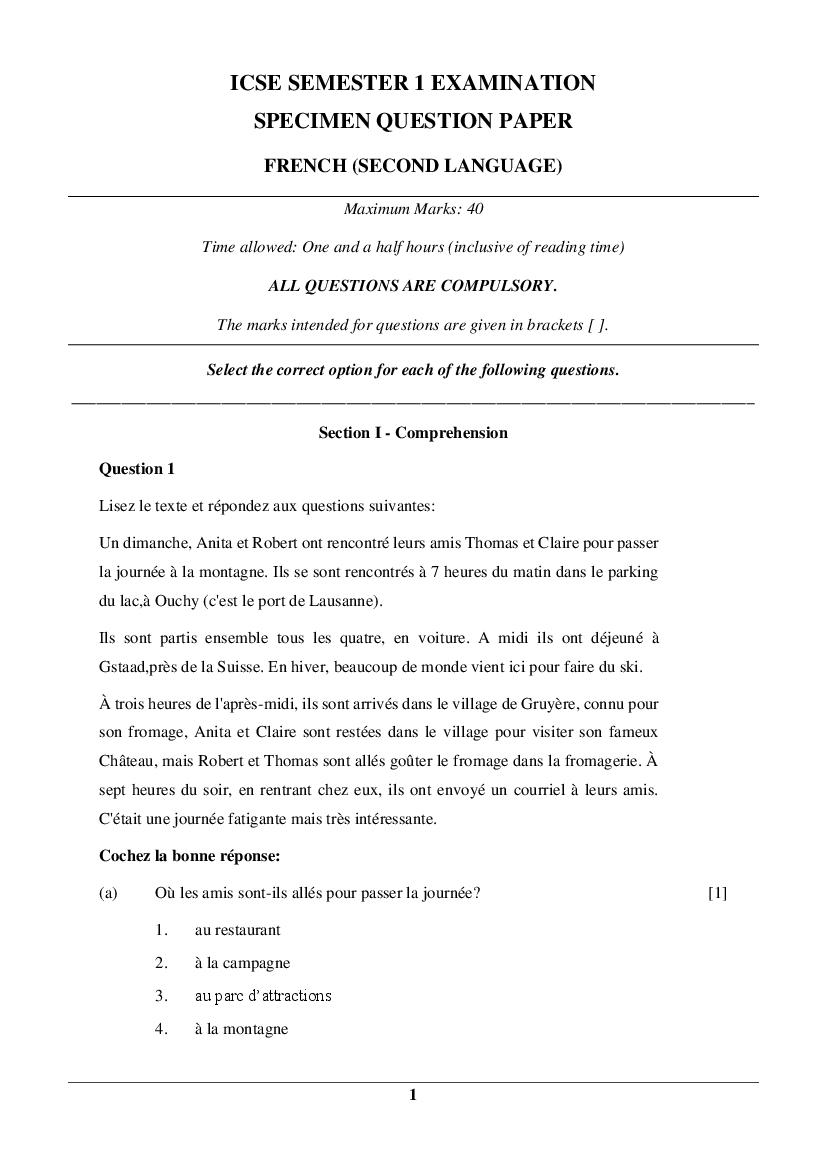 ICSE Class 10 Specimen Paper 2022  French Semester 1 - Page 1