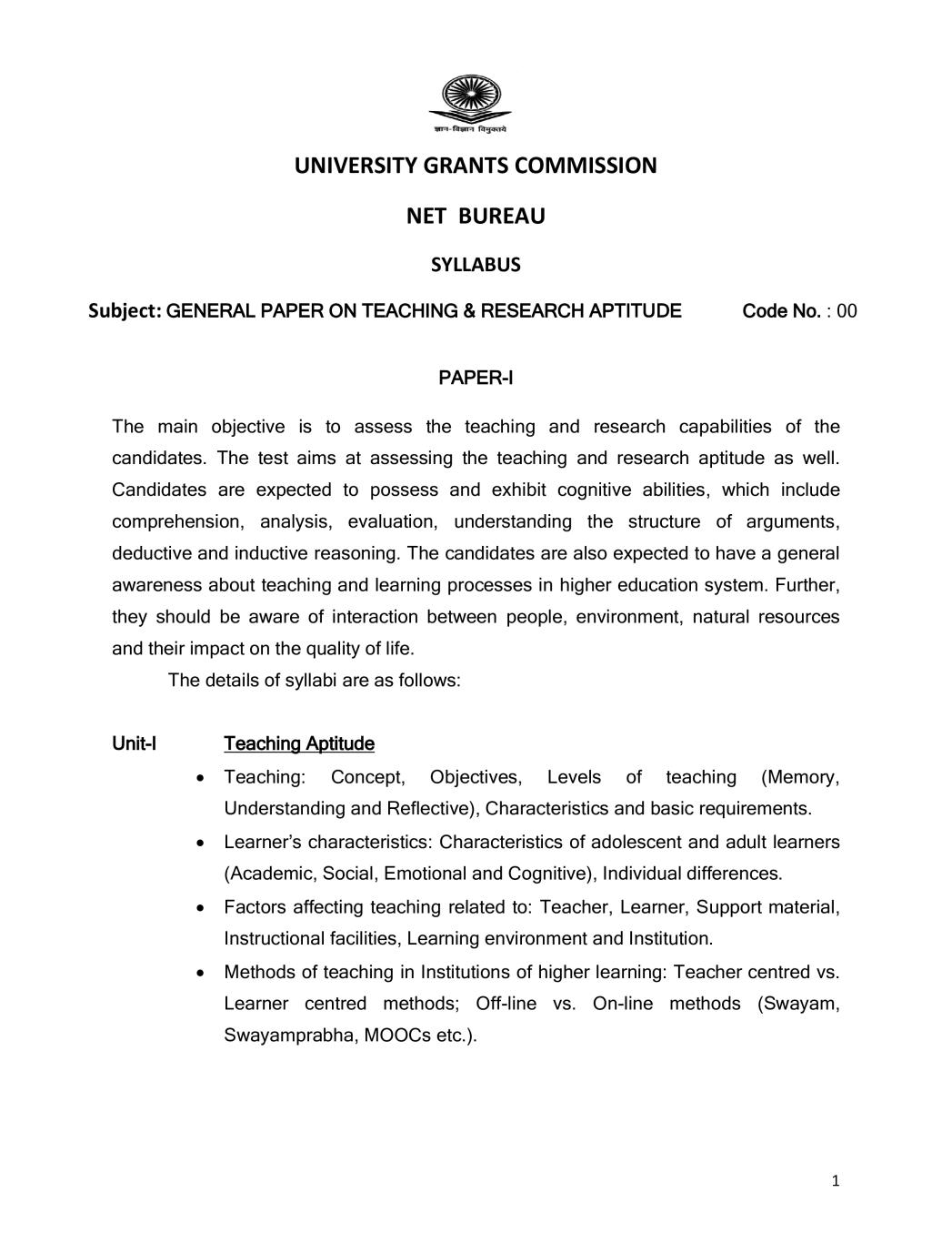 UGC NET Syllabus for Teaching Research Aptitude Paper - 1 2020 - Page 1