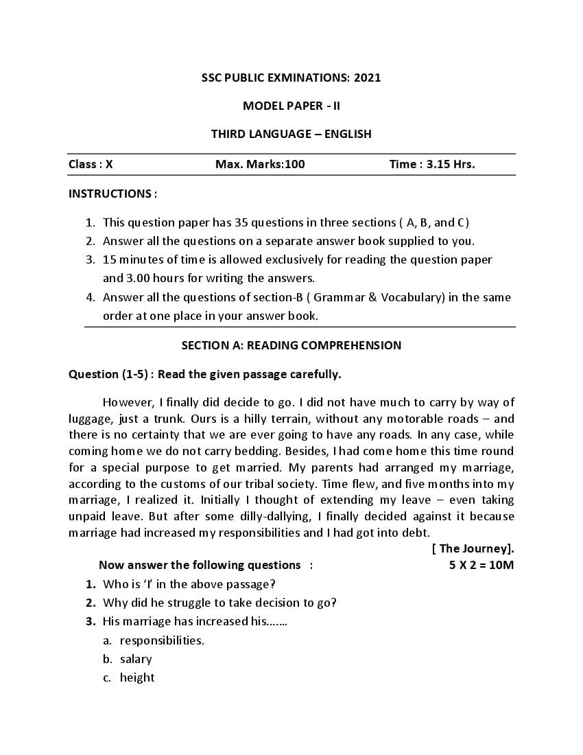 AP Class 10 Model Paper 2021 English Set 2 - Page 1