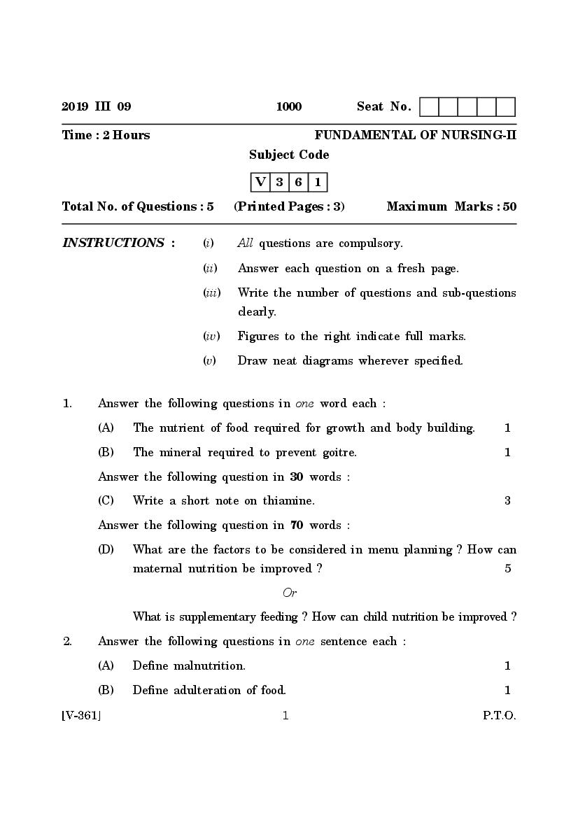 Goa Board Class 12 Question Paper Mar 2019 Fundamental of Nursing II - Page 1
