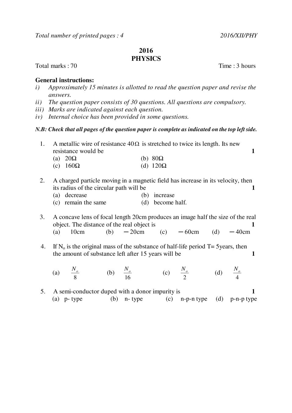 NBSE Class 12 Question Paper 2016 for Physics - Page 1
