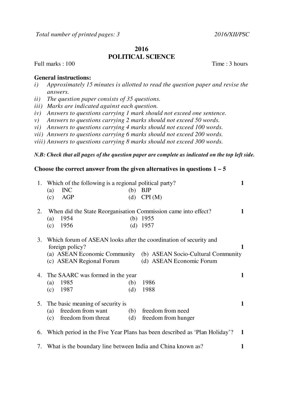 NBSE Class 12 Question Paper 2016 for Political Science - Page 1