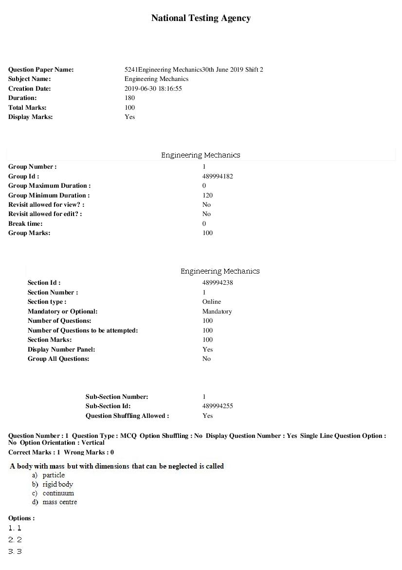ARPIT 2019 Question Paper for Engineering Mechanics Shift 2 - Page 1