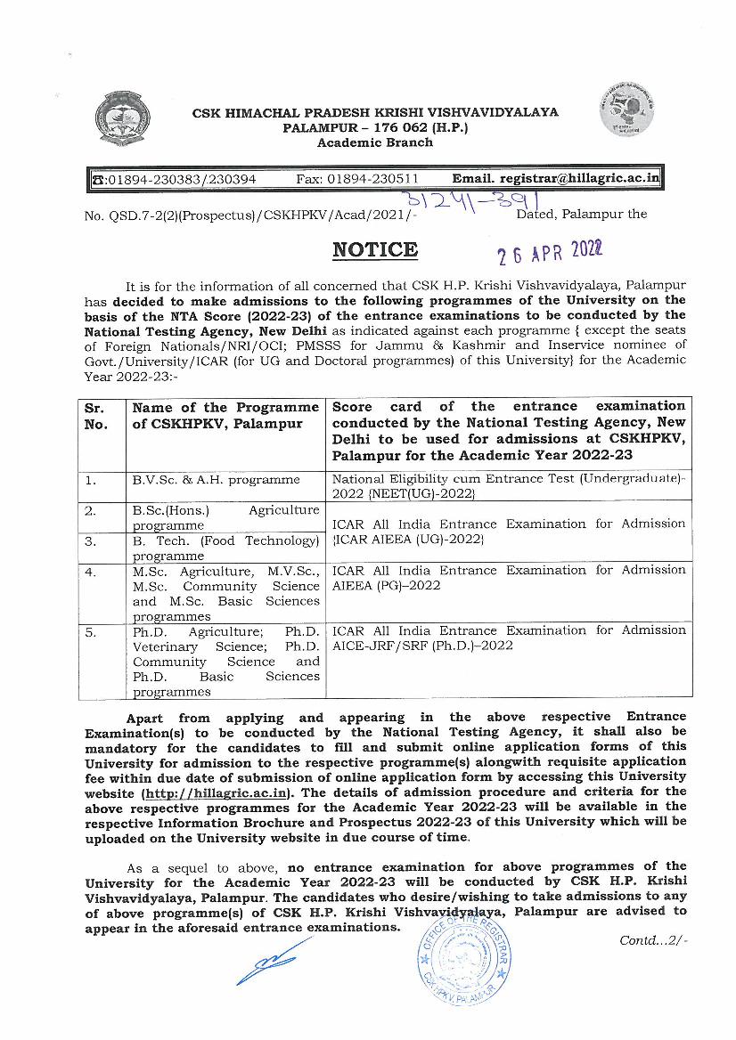 CSKHPKV Palampur Admission 2022 Notification on the basis of NTA - Page 1