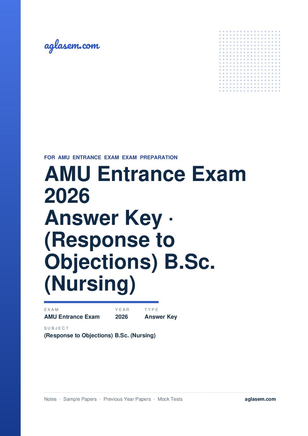 AMU Entrance Exam 2026 Answer Key (Response to Objections) B.Sc. (Nursing) - Page 1 of 2