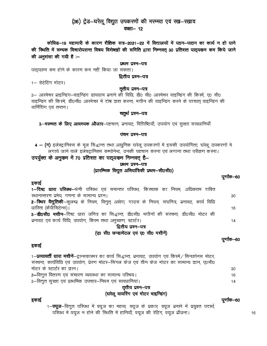 UP Board Class 12 Syllabus 2022 Trade Domestic Electric Appliances & Repairing - Page 1