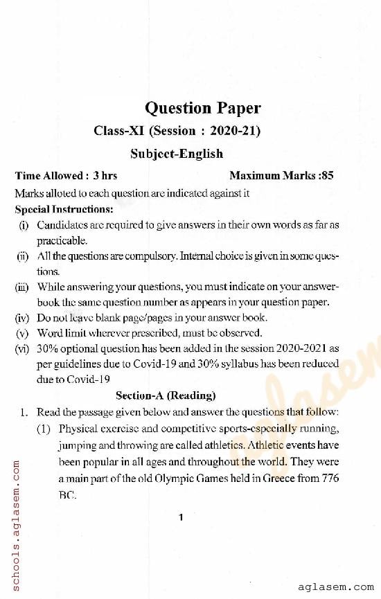 HP Board Class 11 Question Paper 2021 English - Page 1