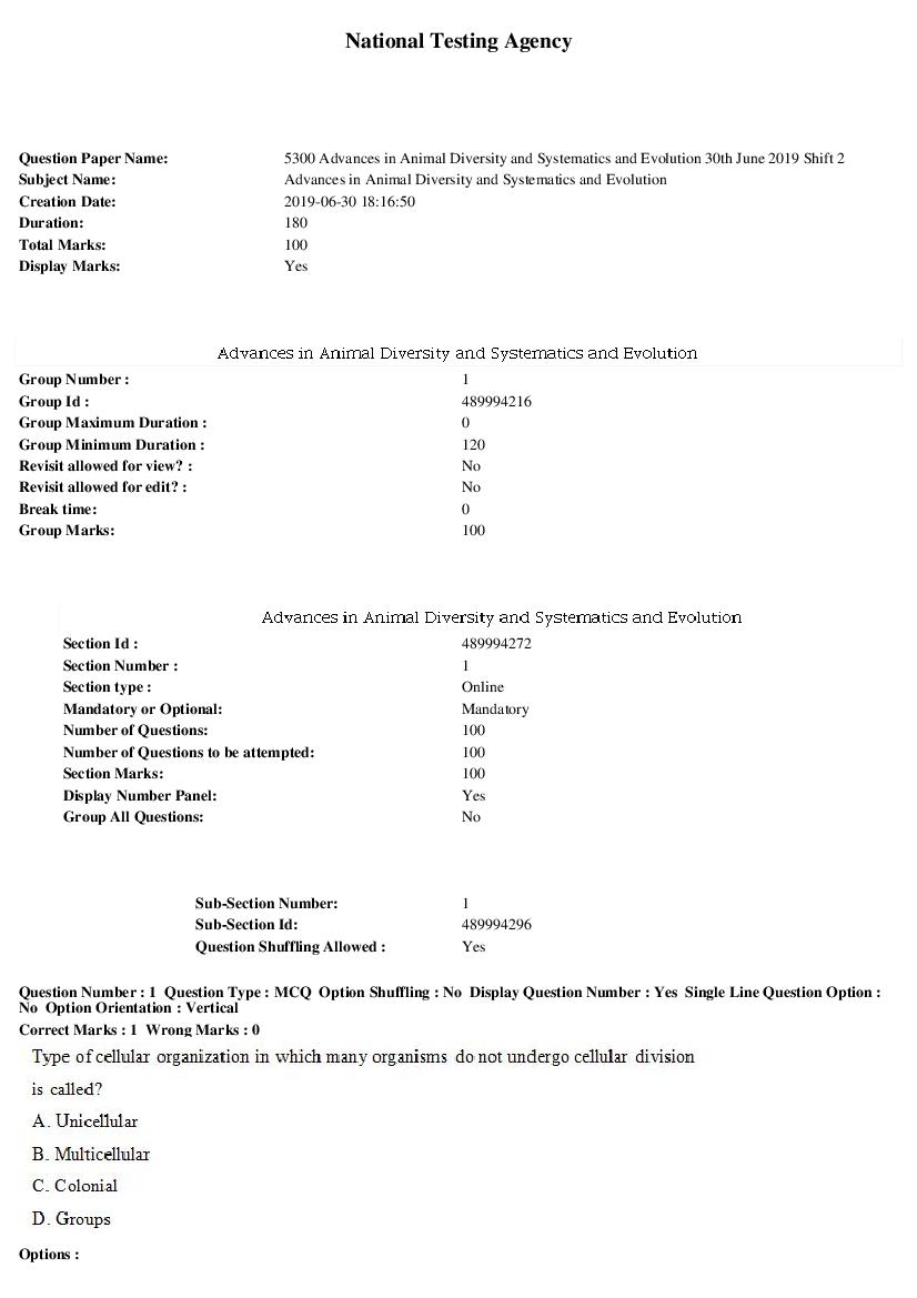 ARPIT 2019 Question Paper for Advances in Animal Diversity and Systematics and Evolution Shift 2 - Page 1 of 35