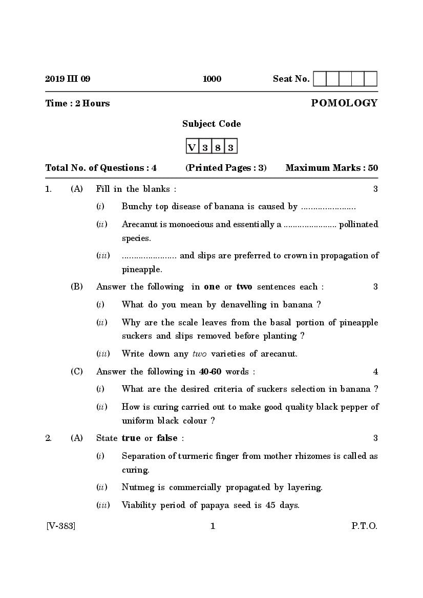 Goa Board Class 12 Question Paper Mar 2019 Pomology - Page 1