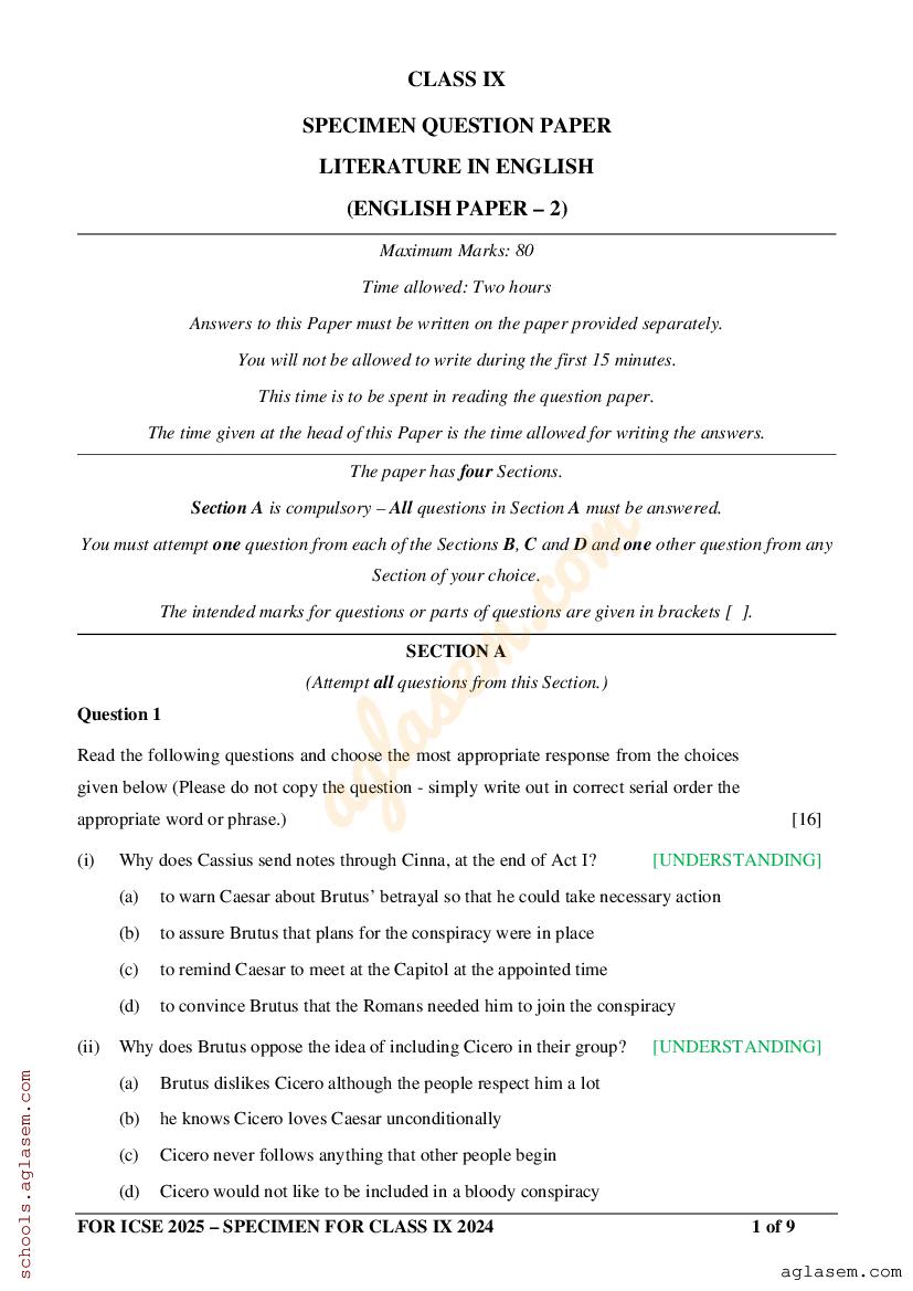 ICSE Class 9 English Literature Sample Paper 2024 PDF OneEdu24