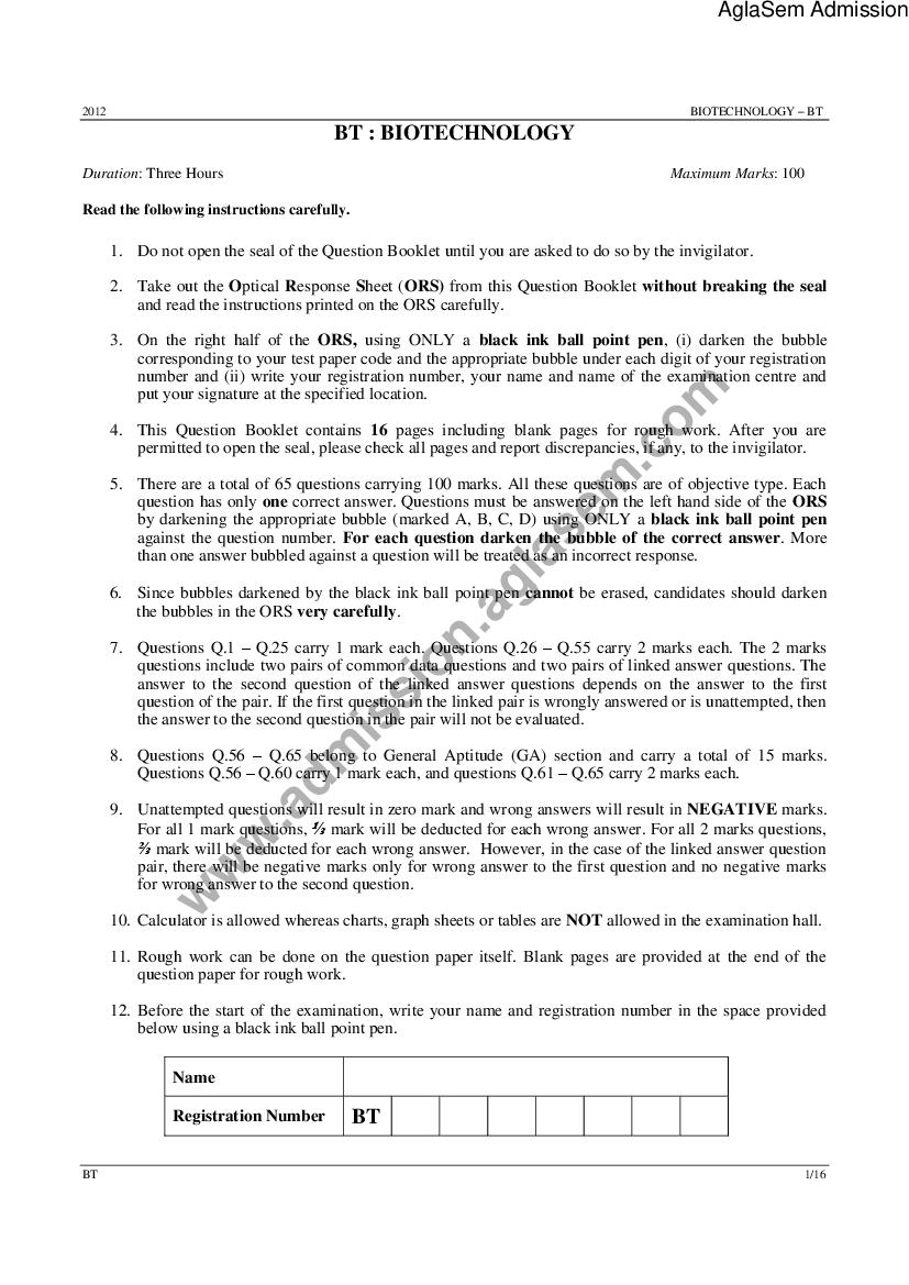 GATE 2012 Question Paper for BT - Biotechnology - Page 1