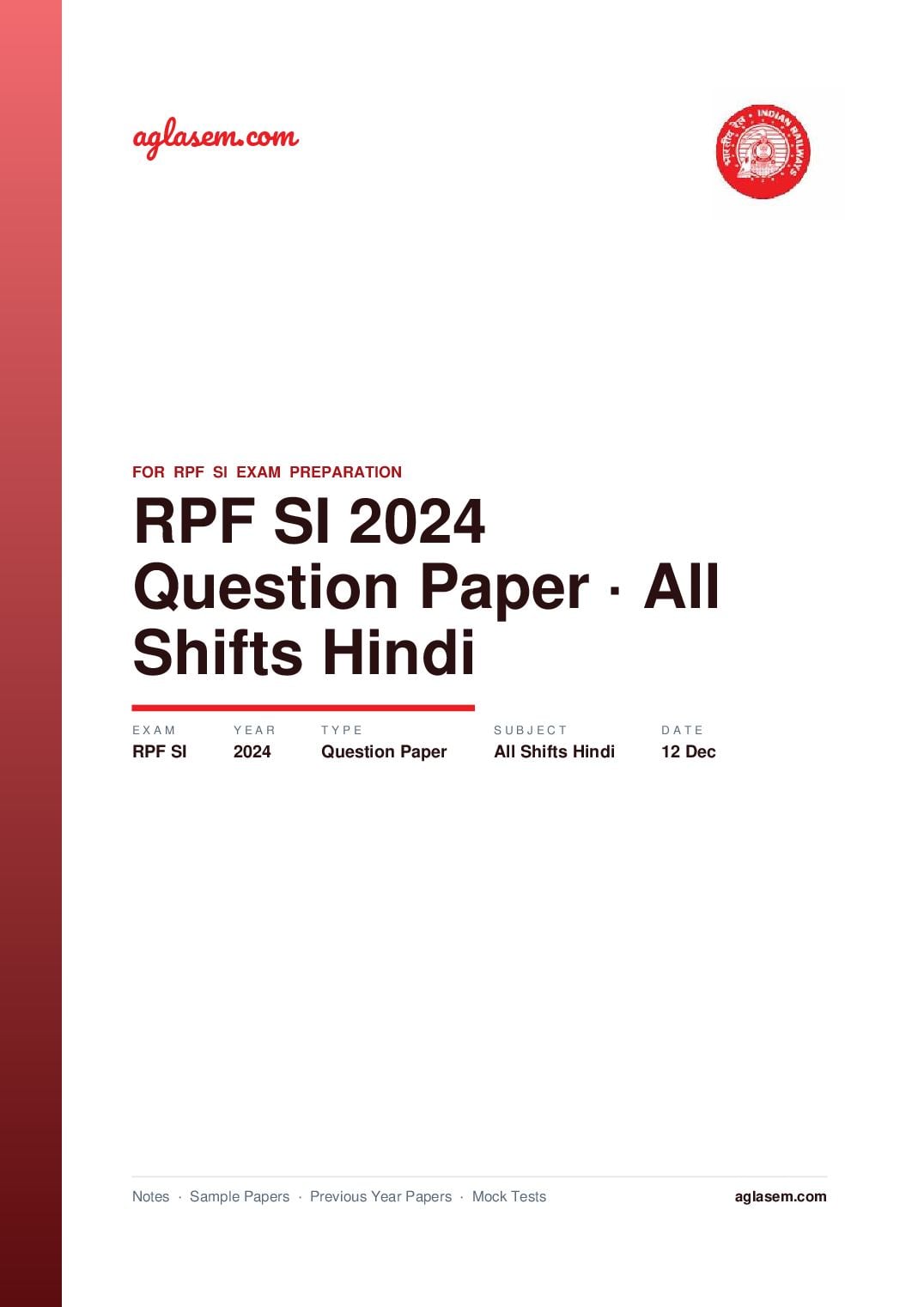RPF SI 2024 Question Paper 12 Dec All Shifts (in Hindi) - Page 1 of 63