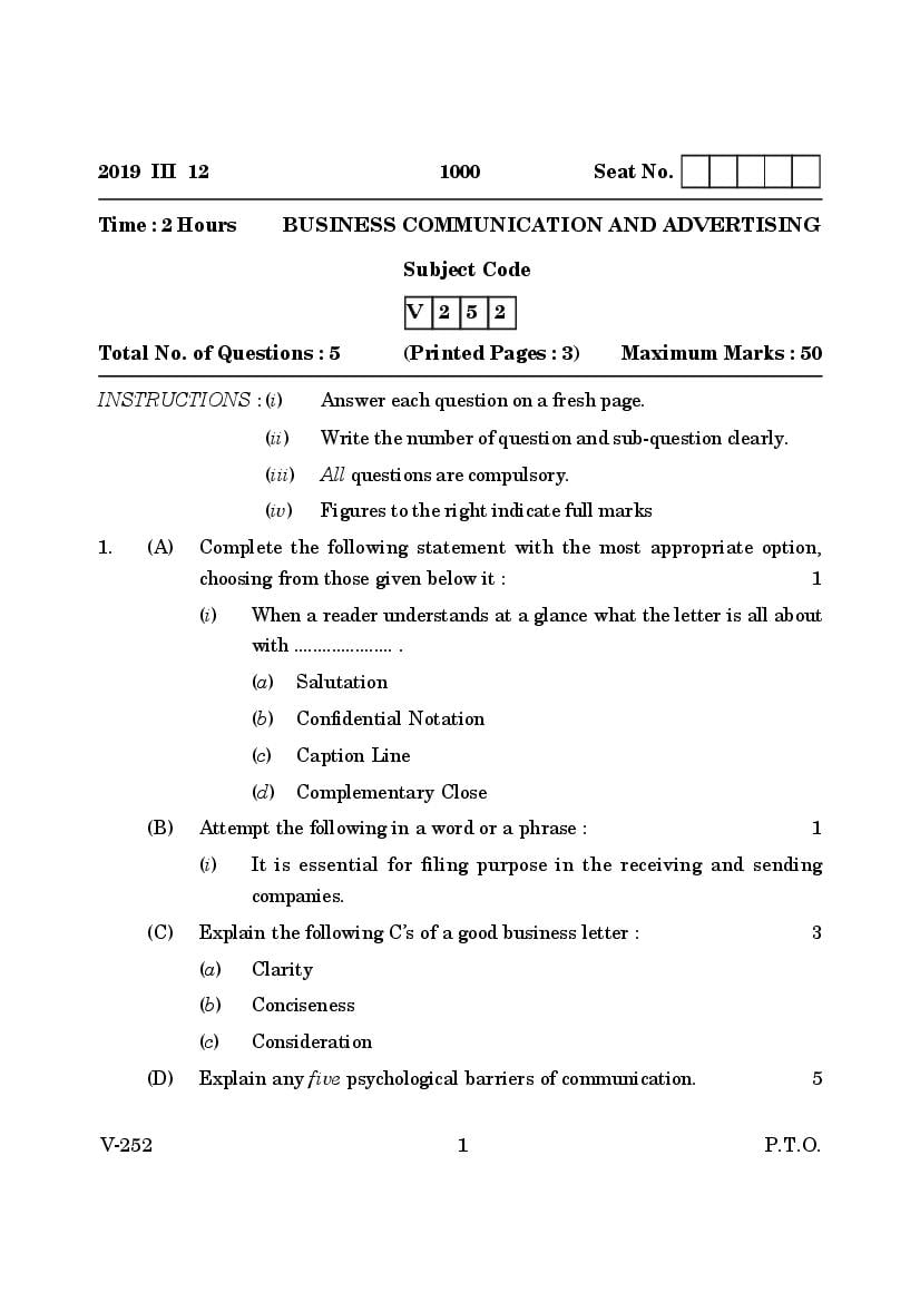 Goa Board Class 12 Question Paper Mar 2019 Business Communication and Advertising - Page 1