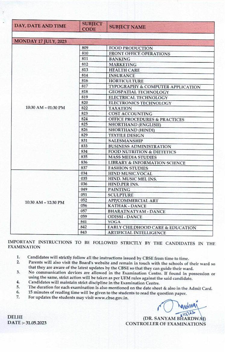 Cbse class 12 compartment date sheet 2023 pdf out download here