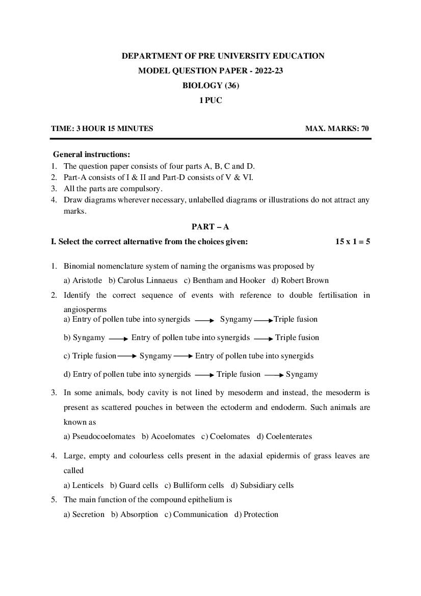 Karnataka 1st PUC Biology Model Paper 2024 (PDF) OneEdu24