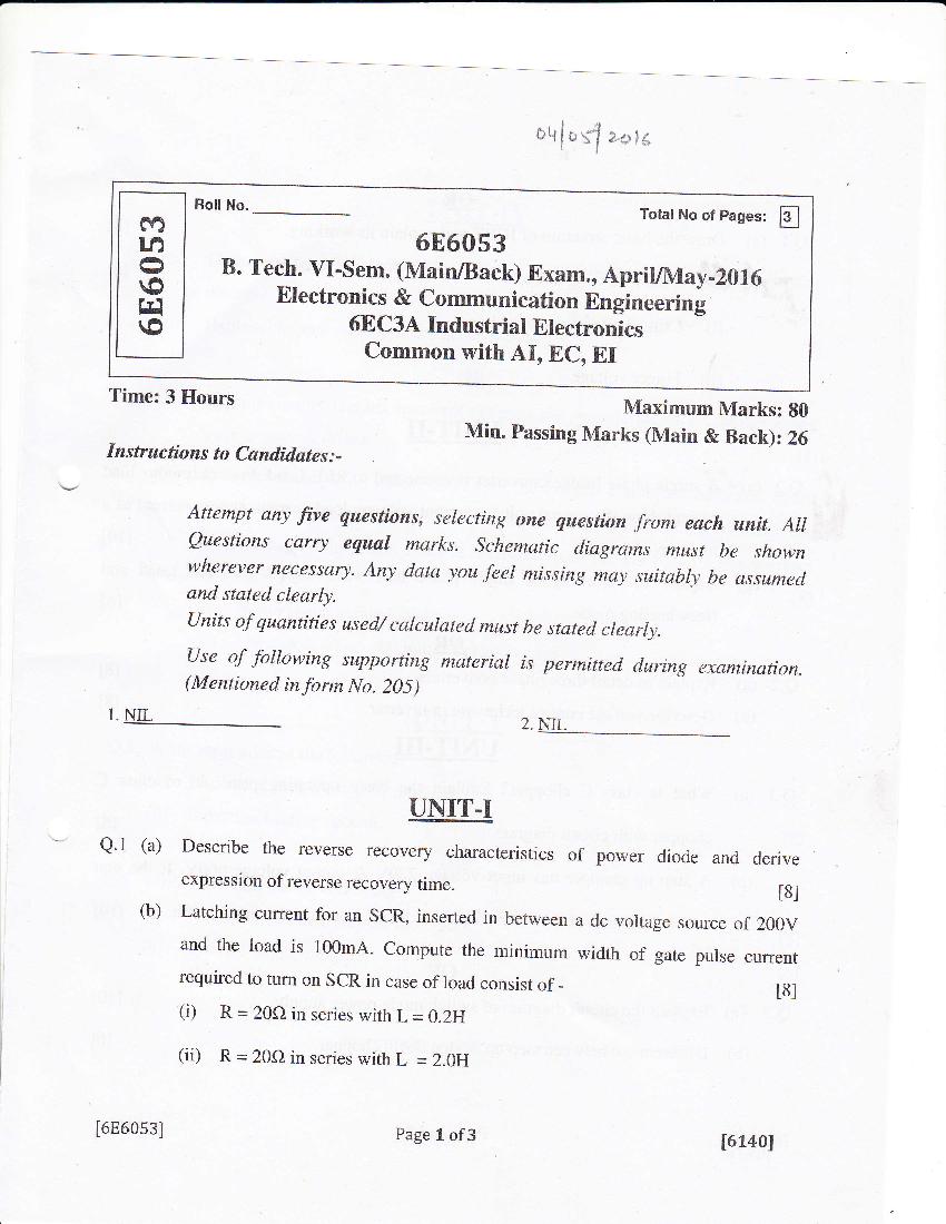 RTU 2016 Question Paper Semester VI Electronics and Communication Engineering Industrial Electronics - Page 1