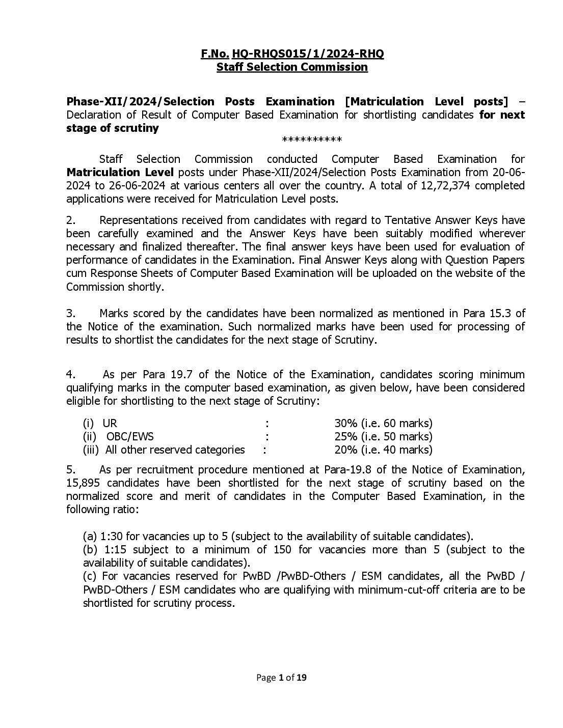 SSC Selection Post 2024 Cut Off Phase 12 Matriculation - Page 1 of 19