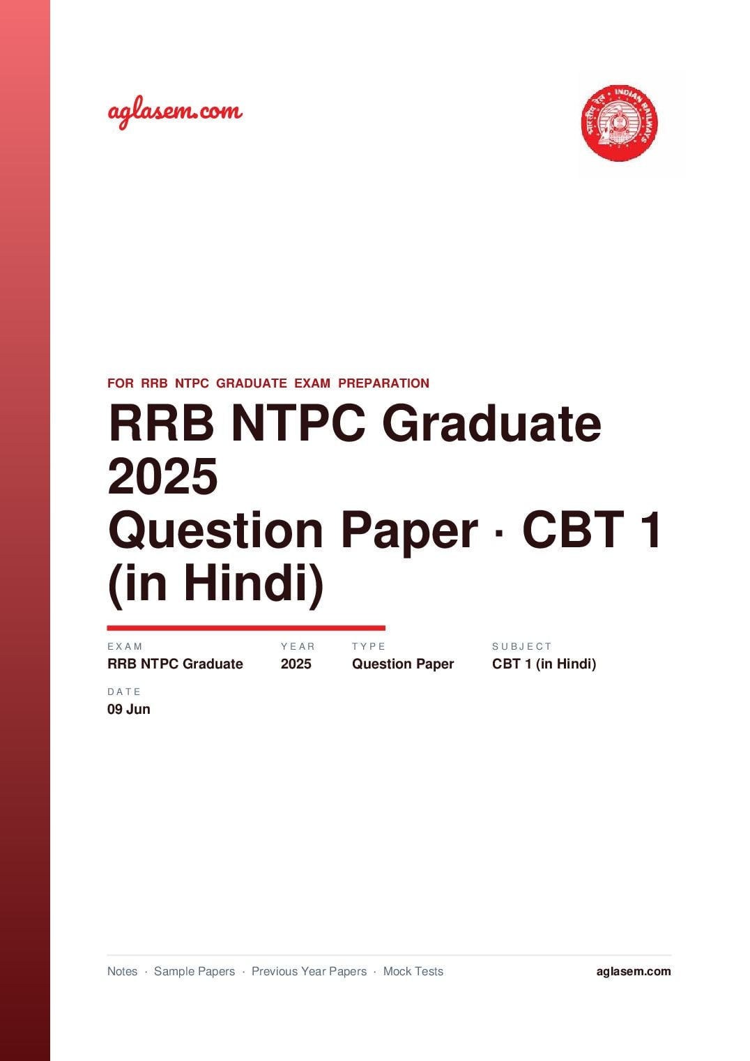 RRB NTPC Graduate 2025 CBT 1 Question Paper 09 Jun (in Hindi) - Page 1 of 50