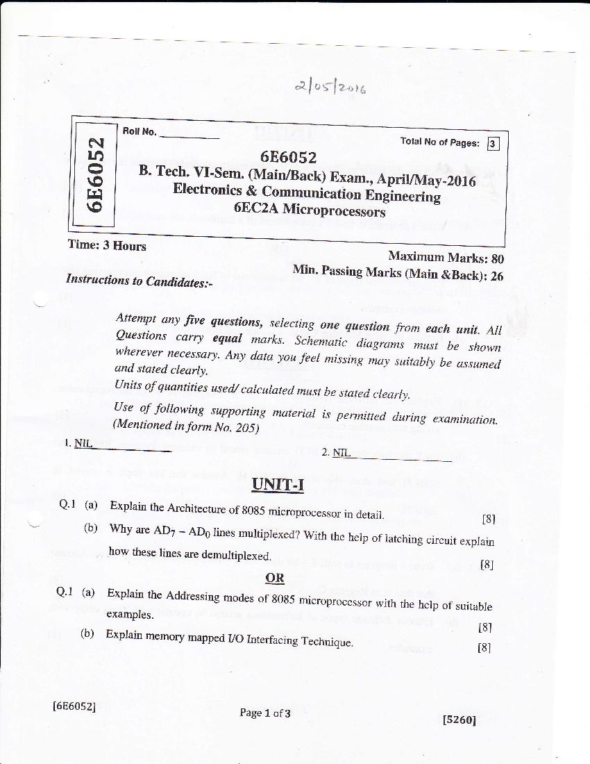 RTU 2016 Question Paper Semester VI Electronics and Communication Engineering Microprocessors - Page 1