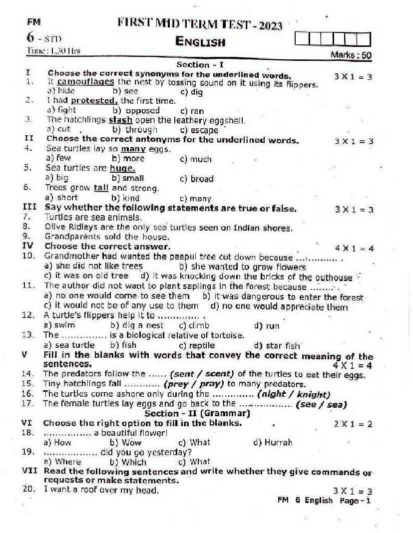 TN Class 6 First Mid Term Question Paper 2023 English - Page 1