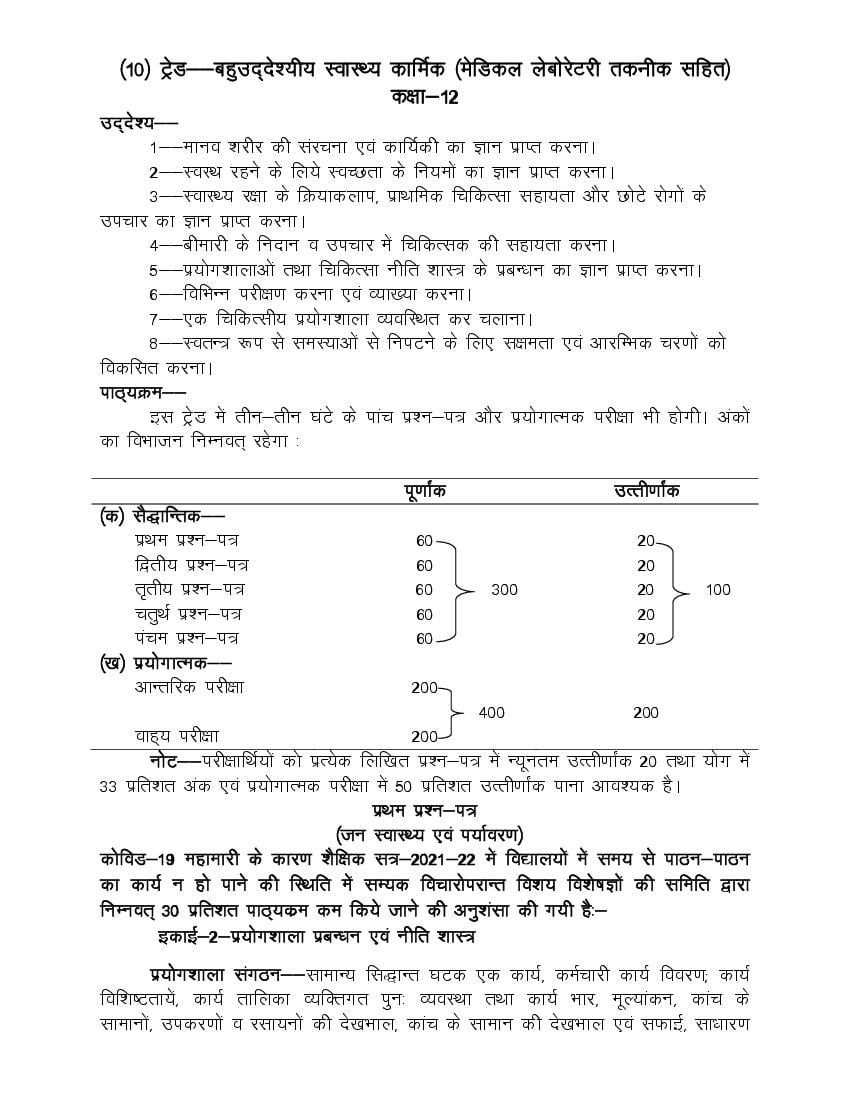UP Board Class 12 Syllabus 2022 Trade Multipurpose Health Worker with Lab Technique - Page 1