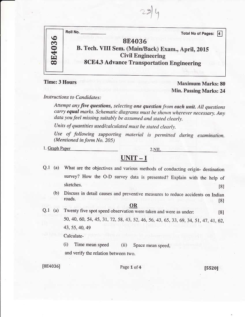 RTU 2015 Question Paper Semester VIII Civil Engineering Advance Transportation Engineering - Page 1