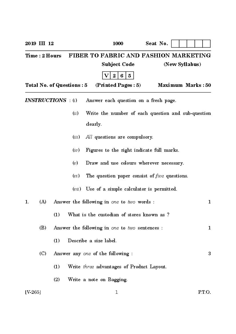 Goa Board Class 12 Question Paper Mar 2019 Fiber to Fabric and Fashion Marketing _New Syllabus_ - Page 1